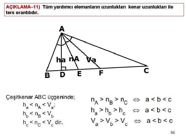 AÇIKLAMA– 11) Tüm yardımcı elemanların uzunlukları kenar uzunlukları ile ters orantılıdır. 86 