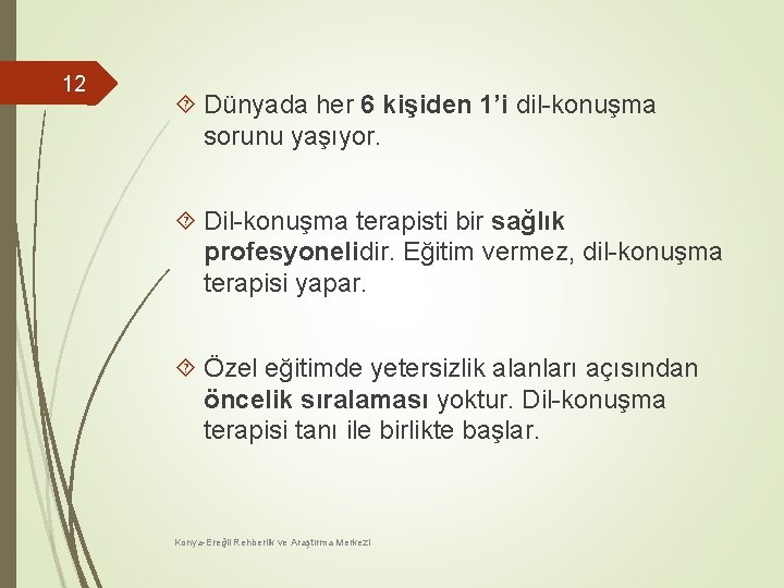 12 Dünyada her 6 kişiden 1’i dil-konuşma sorunu yaşıyor. Dil-konuşma terapisti bir sağlık profesyonelidir.