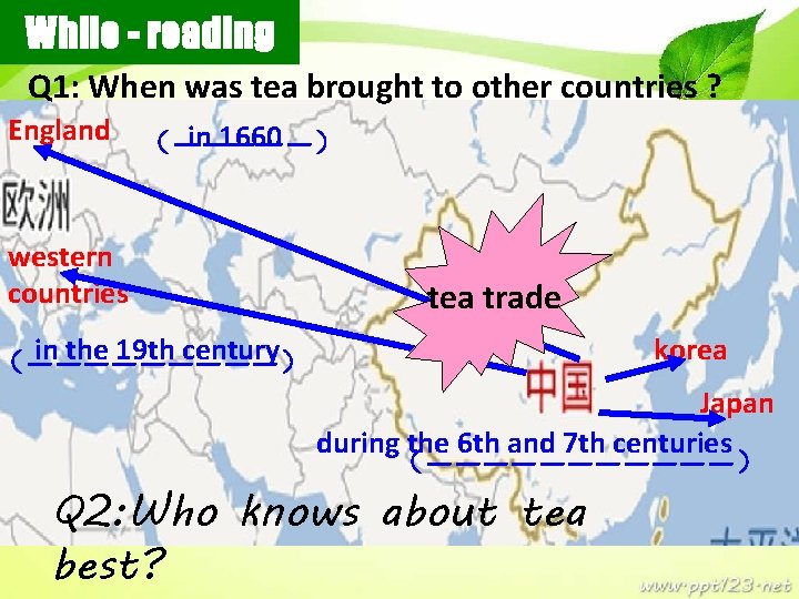 While - reading Q 1: When was tea brought to other countries ? England