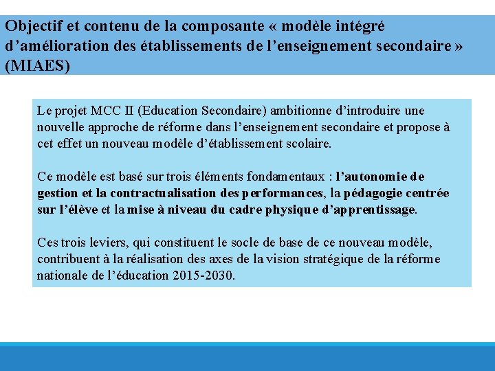 Objectif et contenu de la composante « modèle intégré d’amélioration des établissements de l’enseignement