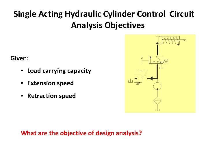 Single Acting Hydraulic Cylinder Control Circuit Analysis Objectives Given: • Load carrying capacity •