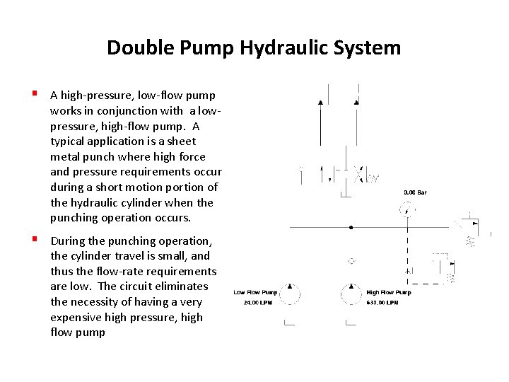 Double Pump Hydraulic System § A high-pressure, low-flow pump works in conjunction with a