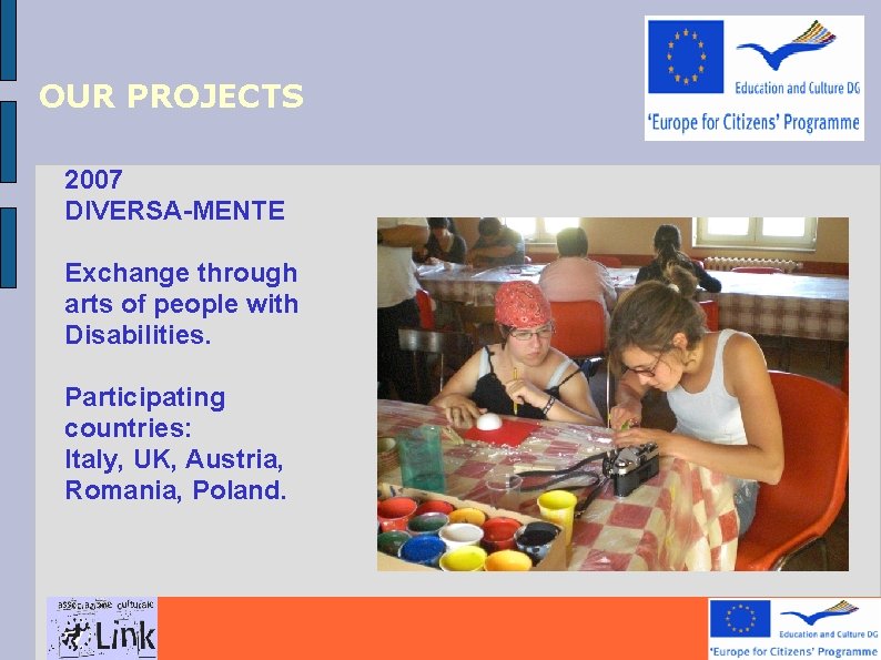 OUR PROJECTS 2007 DIVERSA-MENTE Exchange through arts of people with Disabilities. Participating countries: Italy,