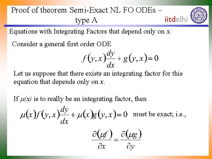 Proof of theorem Semi-Exact NL FO ODEs – type A Equations with Integrating Factors