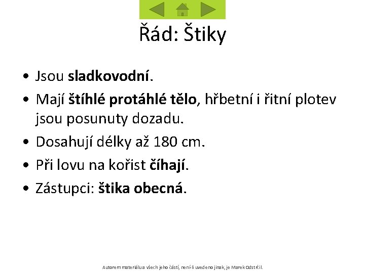 Řád: Štiky • Jsou sladkovodní. • Mají štíhlé protáhlé tělo, hřbetní i řitní plotev