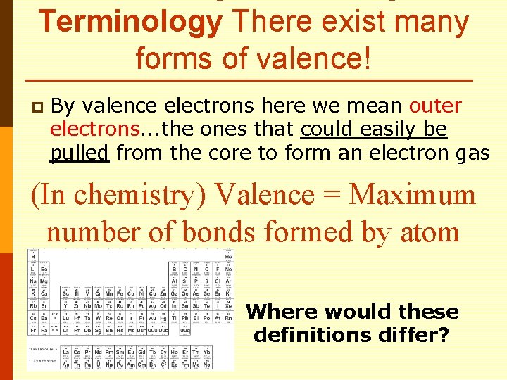 Terminology There exist many forms of valence! p By valence electrons here we mean