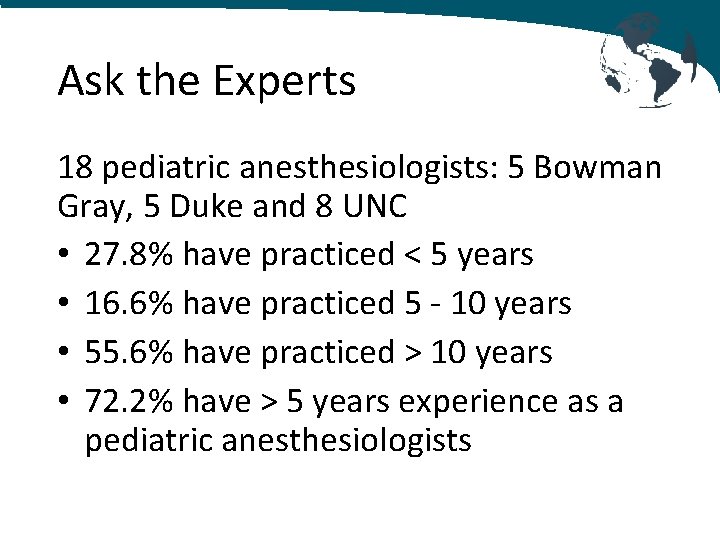 Ask the Experts 18 pediatric anesthesiologists: 5 Bowman Gray, 5 Duke and 8 UNC