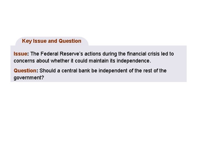 Key Issue and Question Issue: The Federal Reserve’s actions during the financial crisis led Key Issue and Question Issue: The Federal Reserve’s actions during the financial crisis led