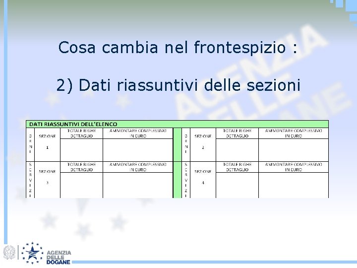 Cosa cambia nel frontespizio : 2) Dati riassuntivi delle sezioni 