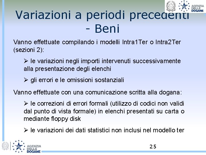 Variazioni a periodi precedenti - Beni Vanno effettuate compilando i modelli Intra 1 Ter