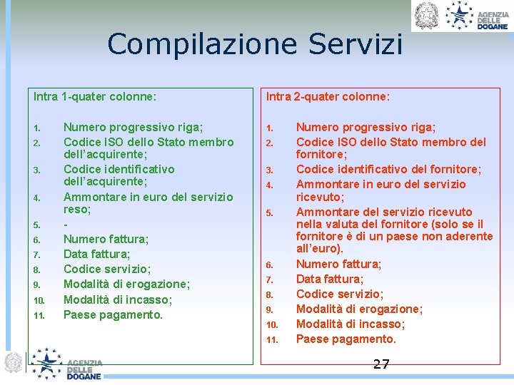 Compilazione Servizi Intra 1 -quater colonne: 1. 2. 3. 4. 5. 6. 7. 8.