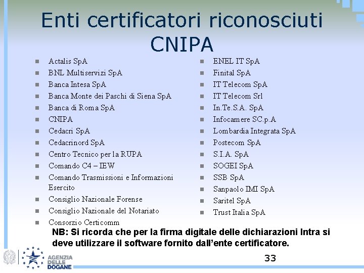 Enti certificatori riconosciuti CNIPA n n n n Actalis Sp. A BNL Multiservizi Sp.