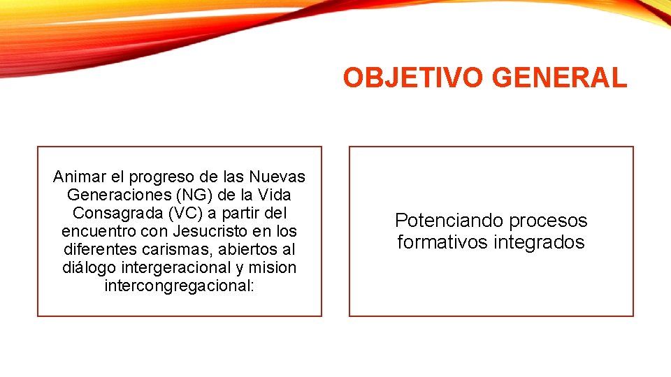 OBJETIVO GENERAL Animar el progreso de las Nuevas Generaciones (NG) de la Vida Consagrada