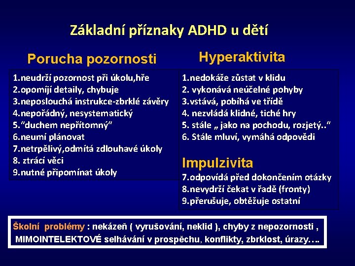 Základní příznaky ADHD u dětí Porucha pozornosti 1. neudrží pozornost při úkolu, hře 2.