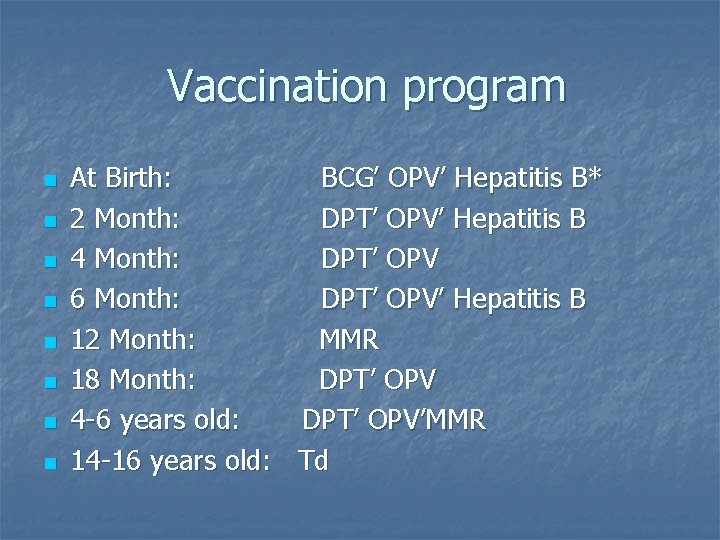 Vaccination program n n n n At Birth: BCG’ OPV’ Hepatitis B* 2 Month: