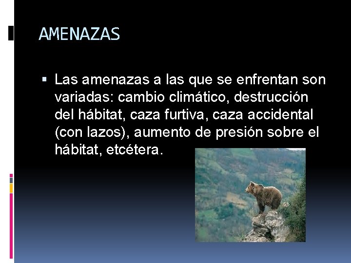 AMENAZAS Las amenazas a las que se enfrentan son variadas: cambio climático, destrucción del