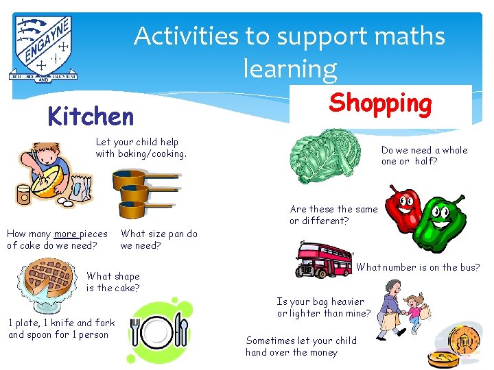 Activities to support maths learning Kitchen Shopping Let your child help with baking/cooking. Do Activities to support maths learning Kitchen Shopping Let your child help with baking/cooking. Do