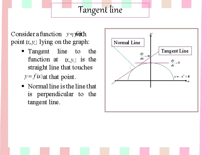 Tangent line Consider a function , with point lying on the graph: § Tangent Tangent line Consider a function , with point lying on the graph: § Tangent