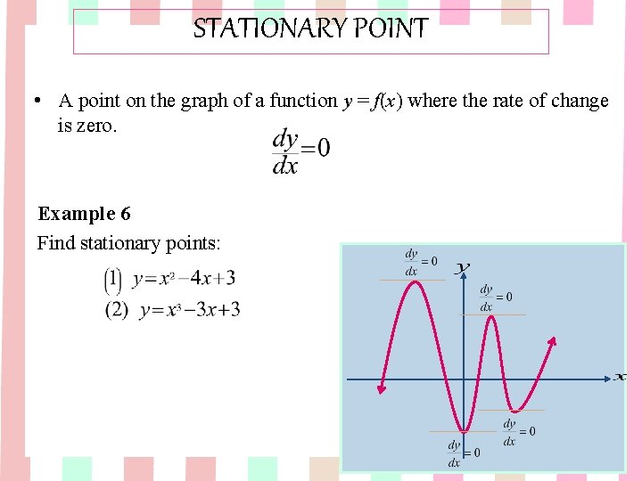 STATIONARY POINT • A point on the graph of a function y = f(x) STATIONARY POINT • A point on the graph of a function y = f(x)