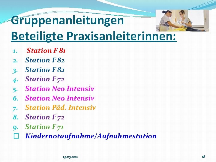 Gruppenanleitungen Beteiligte Praxisanleiterinnen: 1. 2. 3. 4. 5. 6. 7. 8. 9. � Station