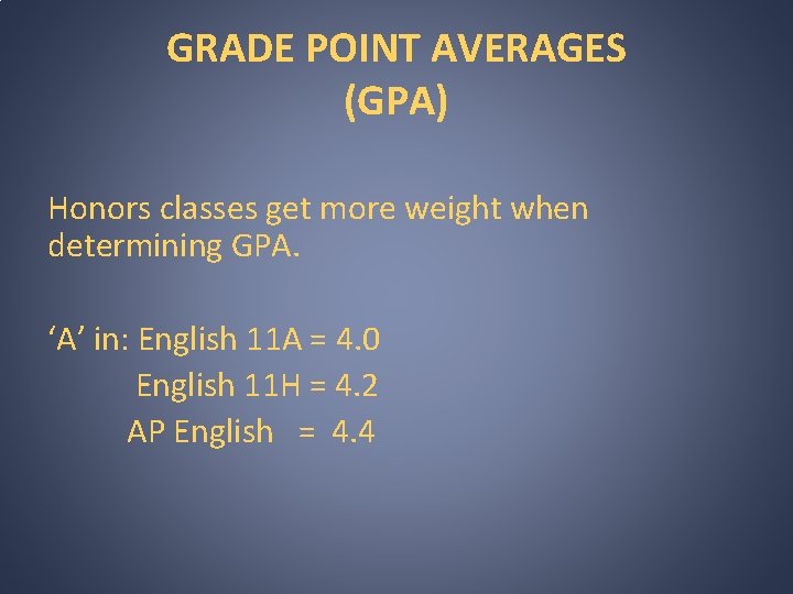 GRADE POINT AVERAGES (GPA) Honors classes get more weight when determining GPA. ‘A’ in: