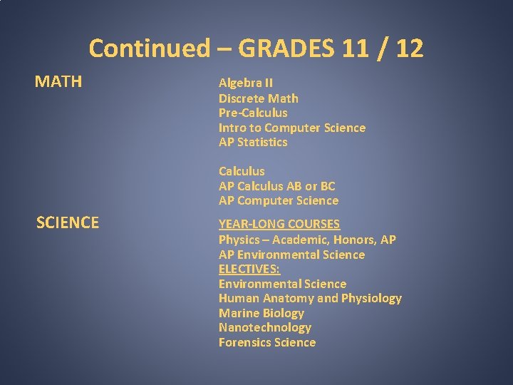 Continued – GRADES 11 / 12 MATH Algebra II Discrete Math Pre-Calculus Intro to