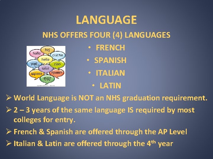 LANGUAGE NHS OFFERS FOUR (4) LANGUAGES • FRENCH • SPANISH • ITALIAN • LATIN