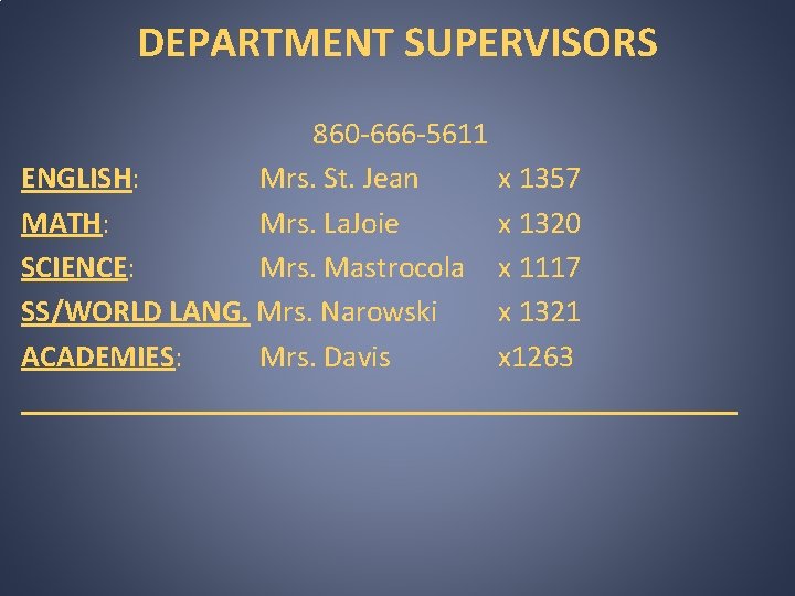 DEPARTMENT SUPERVISORS 860 -666 -5611 ENGLISH: Mrs. St. Jean MATH: Mrs. La. Joie SCIENCE: