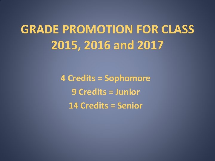 GRADE PROMOTION FOR CLASS 2015, 2016 and 2017 4 Credits = Sophomore 9 Credits