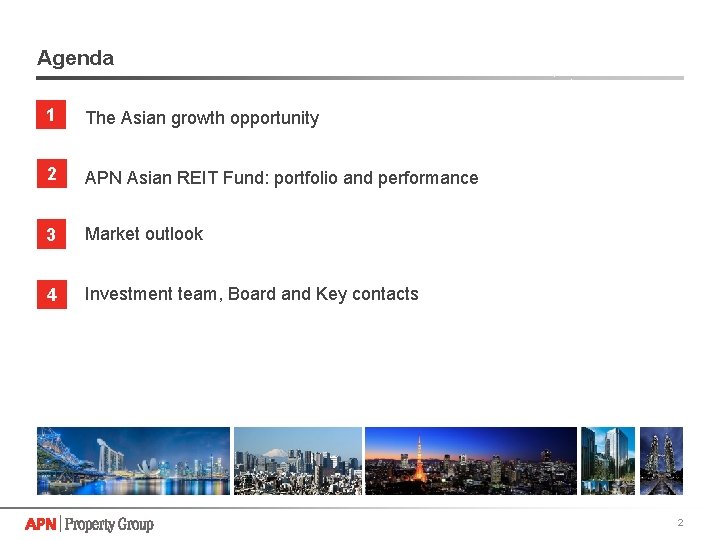 Agenda 1 The Asian growth opportunity 2 APN Asian REIT Fund: portfolio and performance