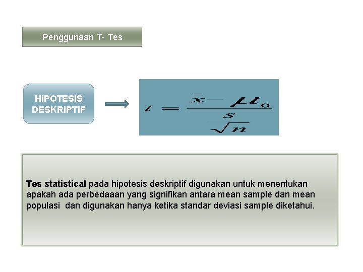 Penggunaan T- Tes HIPOTESIS DESKRIPTIF Tes statistical pada hipotesis deskriptif digunakan untuk menentukan apakah