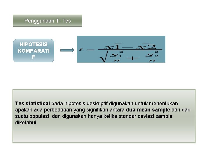 Penggunaan T- Tes HIPOTESIS KOMPARATI F Tes statistical pada hipotesis deskriptif digunakan untuk menentukan