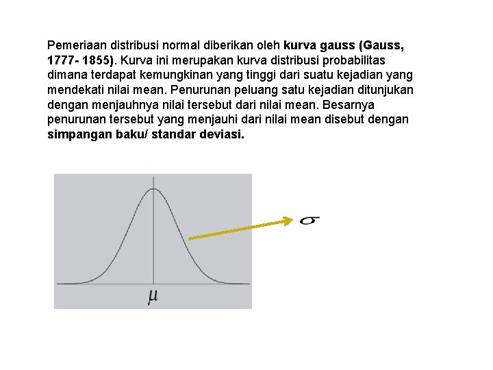 Pemeriaan distribusi normal diberikan oleh kurva gauss (Gauss, 1777 - 1855). Kurva ini merupakan