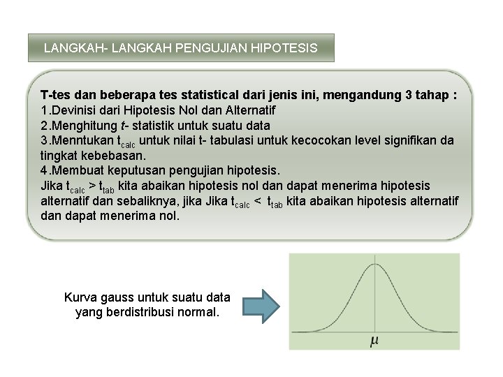 LANGKAH- LANGKAH PENGUJIAN HIPOTESIS T-tes dan beberapa tes statistical dari jenis ini, mengandung 3