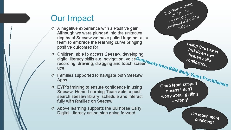 Our Impact A negative experience with a Positive gain; Although we were plunged into