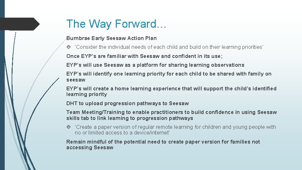 The Way Forward… Burnbrae Early Seesaw Action Plan ‘Consider the individual needs of each