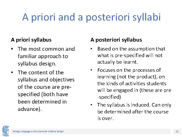 A priori and a posteriori syllabi A priori syllabus A posteriori syllabus • The