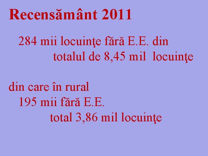 Recensământ 2011 284 mii locuinţe fără E. E. din totalul de 8, 45 mil