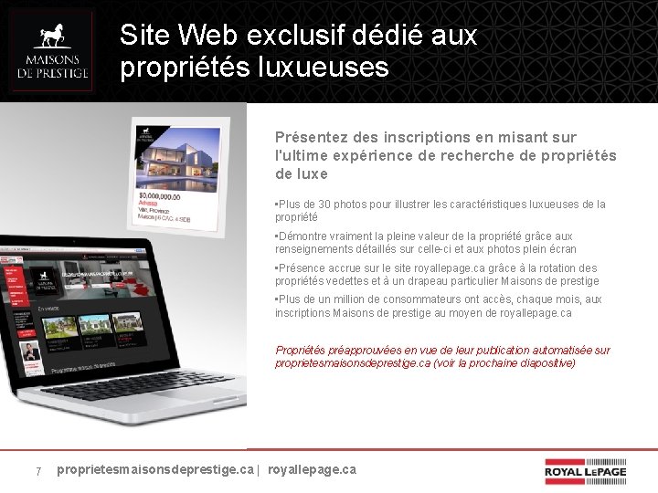 Site Web exclusif dédié aux propriétés luxueuses Présentez des inscriptions en misant sur l'ultime