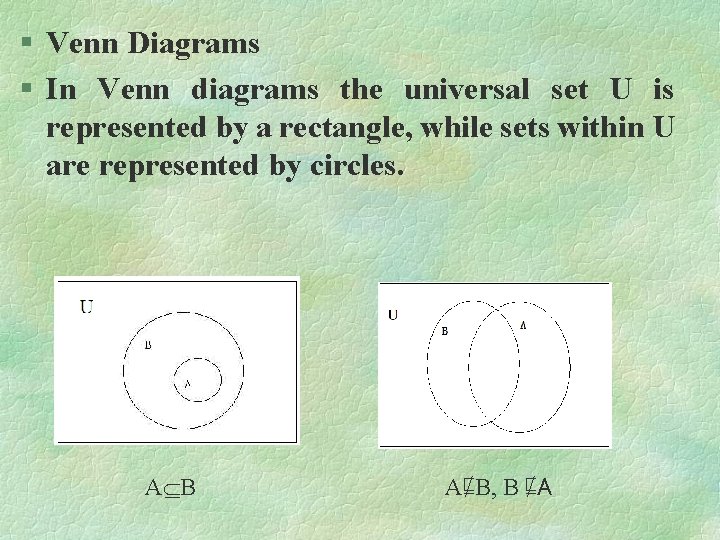 § Venn Diagrams § In Venn diagrams the universal set U is represented by