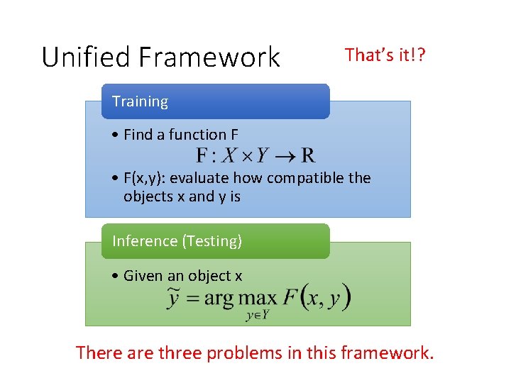Unified Framework That’s it!? Training • Find a function F • F(x, y): evaluate