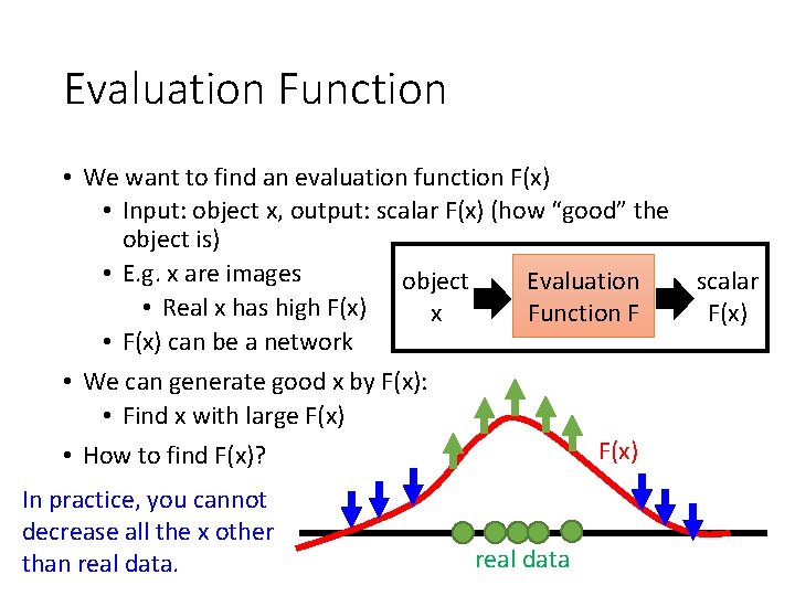 Evaluation Function • We want to find an evaluation function F(x) • Input: object