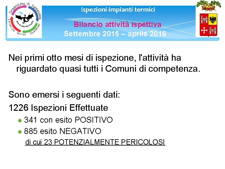 Ispezioni impianti termici Bilancio attività ispettiva Settembre 2015 – aprile 2016 5 Nei primi