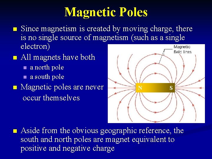 Magnetic Poles n n Since magnetism is created by moving charge, there is no