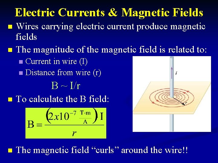 Electric Currents & Magnetic Fields n n Wires carrying electric current produce magnetic fields