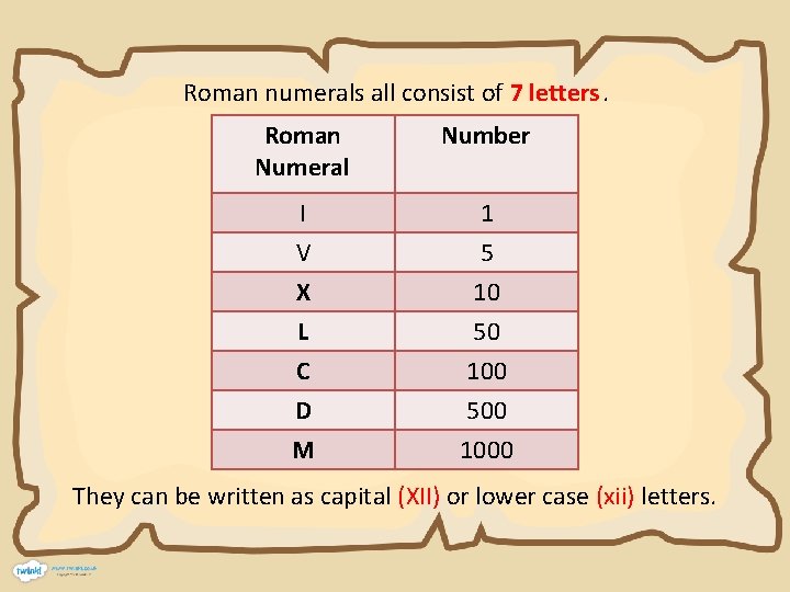 Roman numerals all consist of 7 letters. Roman Numeral Number I 1 V 5