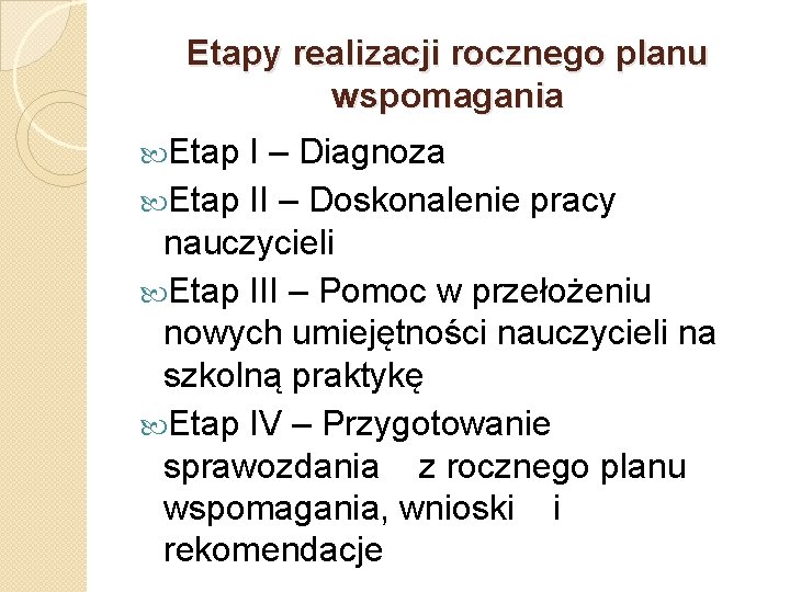 Etapy realizacji rocznego planu wspomagania Etap I – Diagnoza Etap II – Doskonalenie pracy