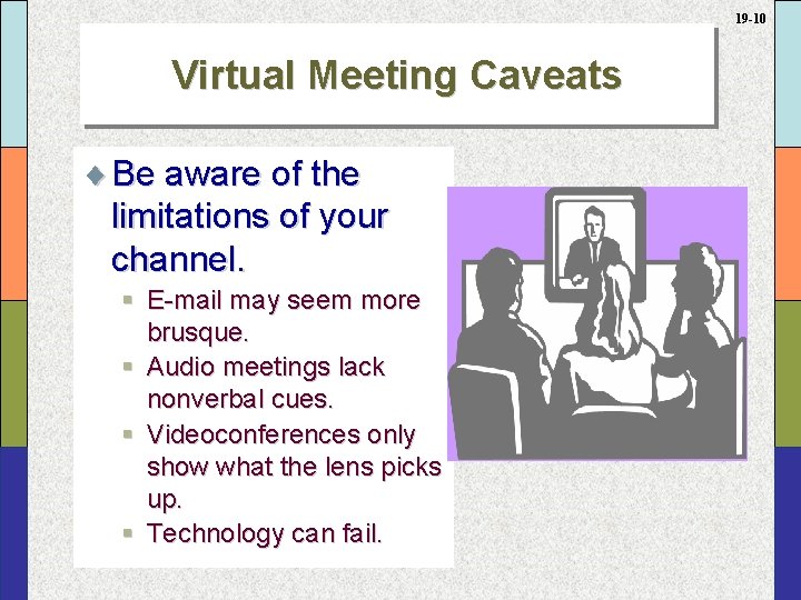19 -10 Virtual Meeting Caveats ¨ Be aware of the limitations of your channel.