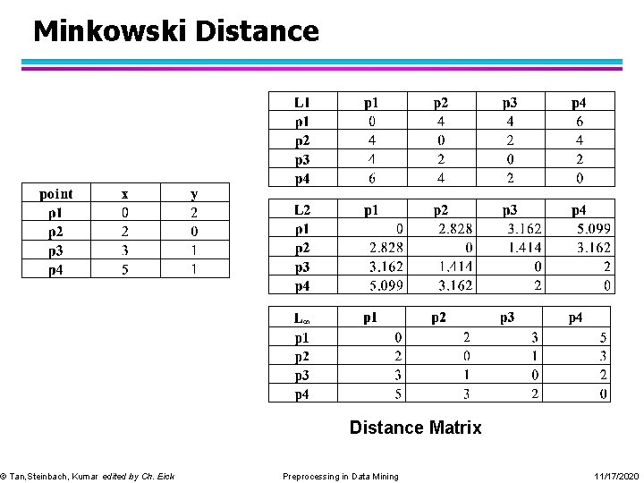 Minkowski Distance © Tan, Steinbach, Kumar edited by Ch. Eick Distance Matrix Preprocessing in