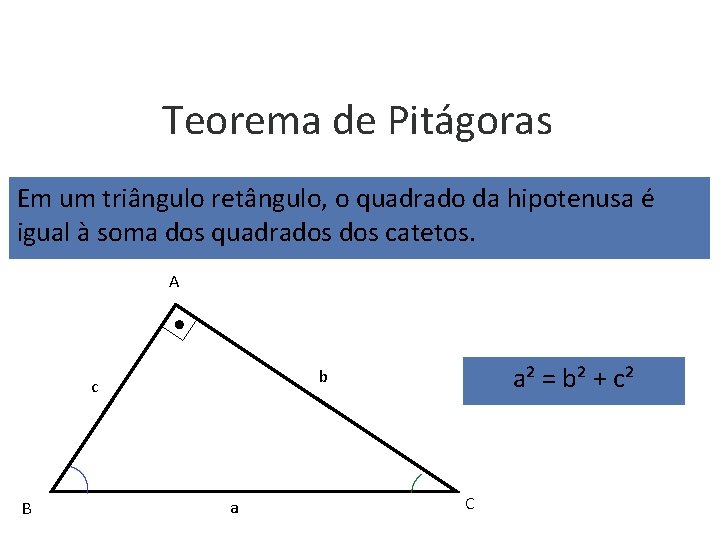 Teorema de Pitágoras Em um triângulo retângulo, o quadrado da hipotenusa é igual à